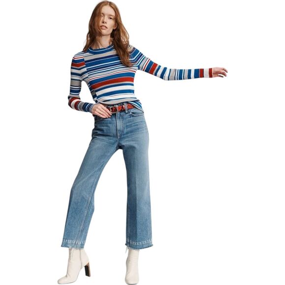 RAG & BONE Women’s Mason Crew Sweater Size Large Ribbed Striped Red Blue EUC - Picture 1 of 16